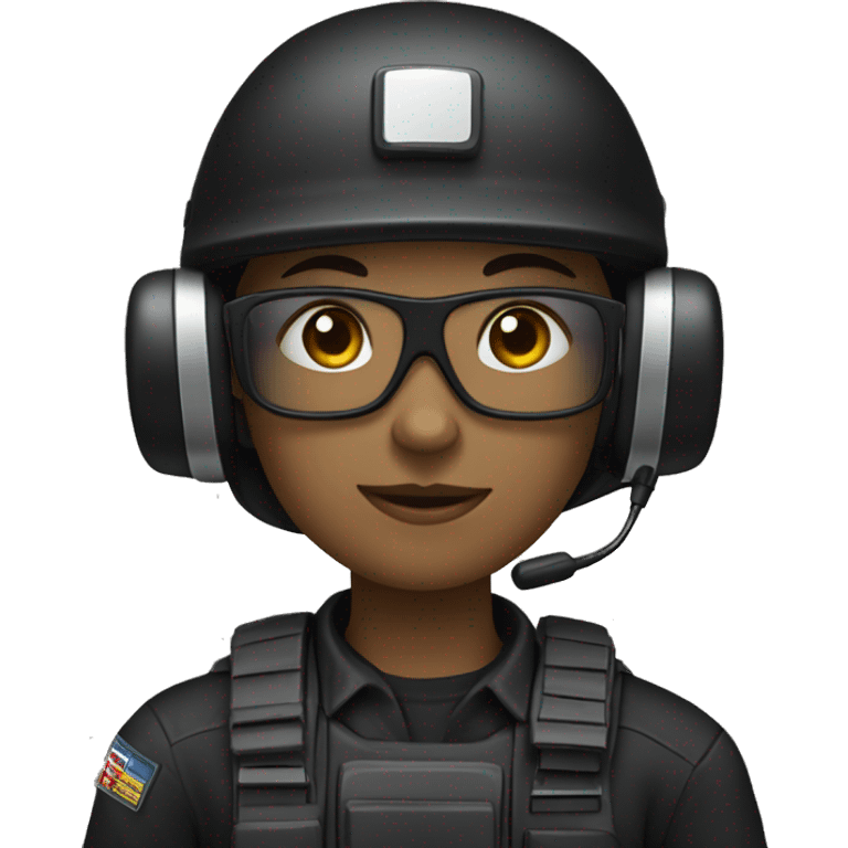 operator dressed in black with a milatary helmet, without glasses, wearing a headset, ready to respond to alerts, preferably female white emoji