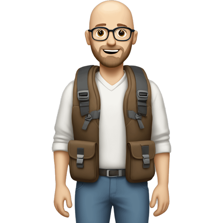 white bald man with beard, glasses, brown eyes and a traveling backpack emoji