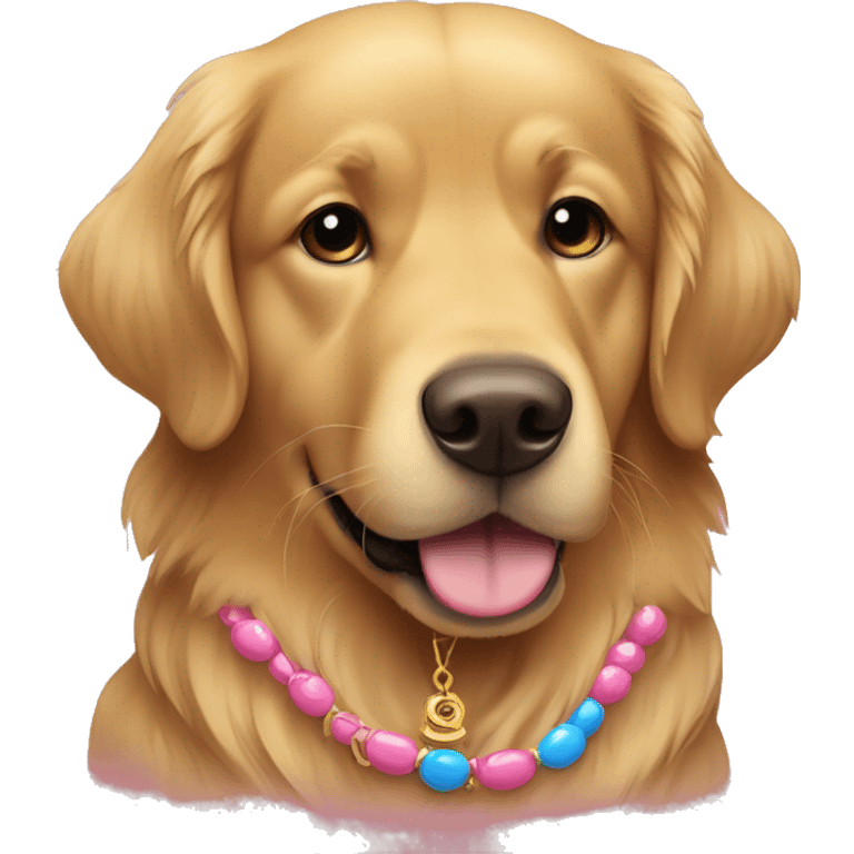 a golden retriever that is chocolate color with one eye blue and the other eye yellow with a pink necklace  emoji