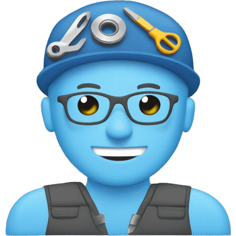 car parts mechanic, blue cothes with text cloud emoji