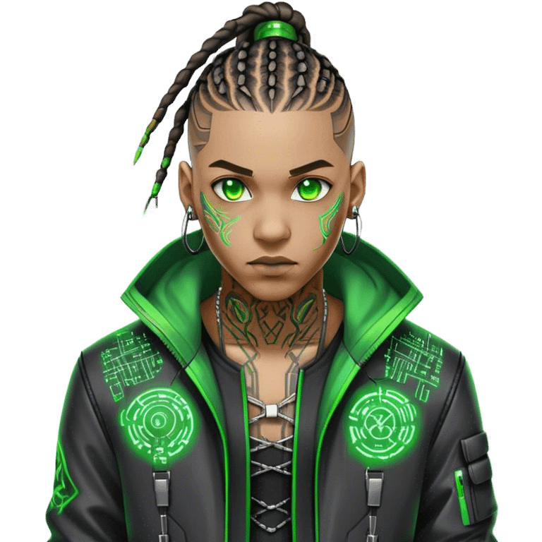 Light skinned African American male with green eyes as a cyberpunk hacker with cornrows hairstyle emoji