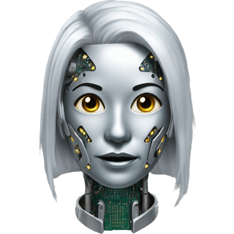 Silver hair female cyborg head with mask and circuits emoji