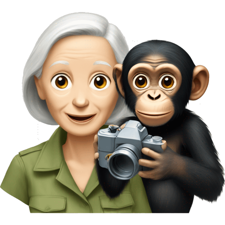 Jane Goodall with binoculars and a baby chimpanzee emoji