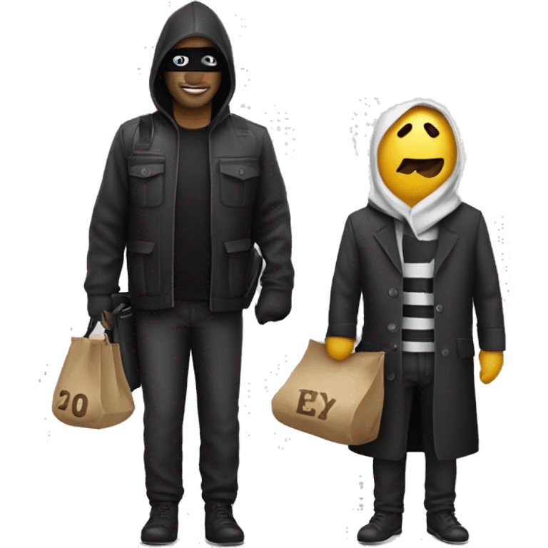 a person with robber costume, bag of money in back emoji