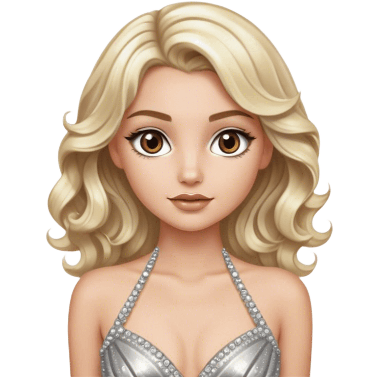 blonde model, brown eyes, medium length wavy hair, metallic silver diamanté gown emoji