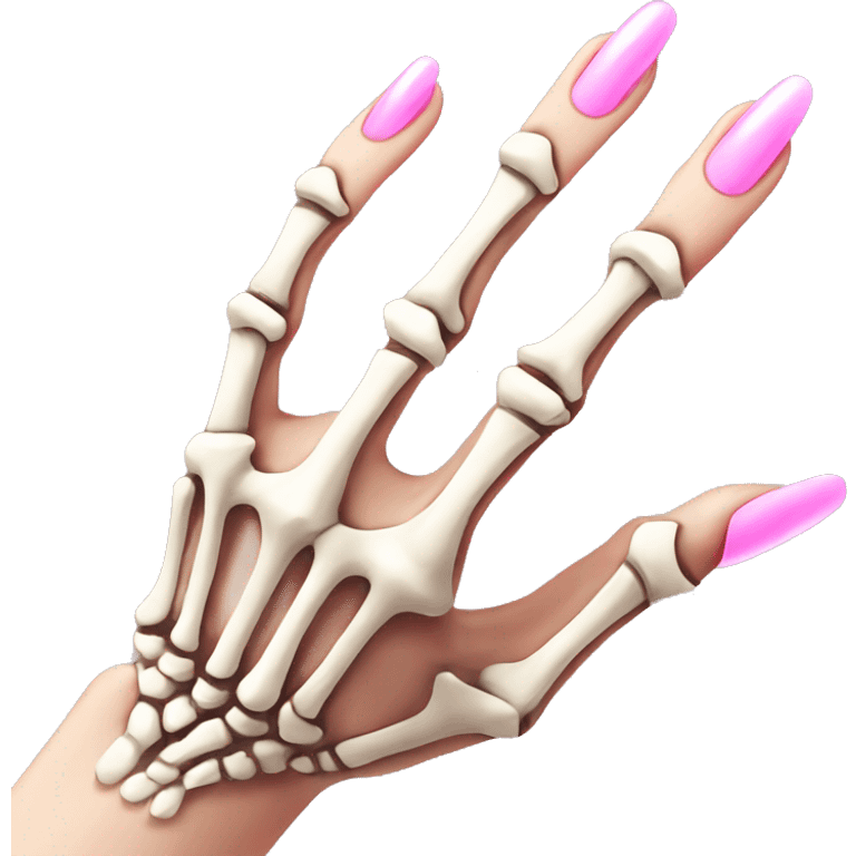 Pretty skeleton 5 fingers hand with pink nails manicure girly design but stylish minimalistic emoji