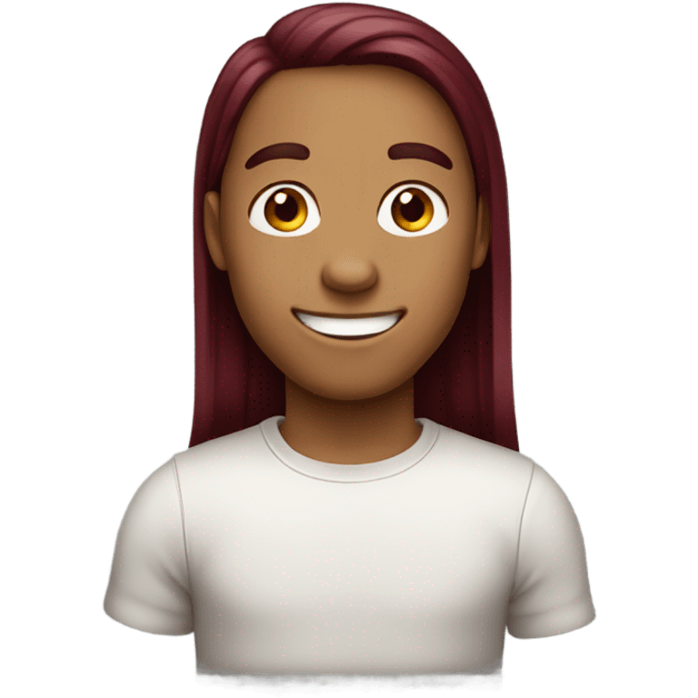 A boy with burgundy hair. His hair is long and straight. He doesn't wear glasses and is smiling.
 emoji