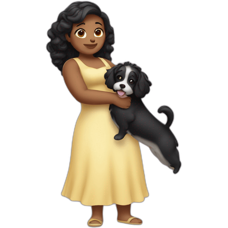 fat fair girl with  wavy black hairs holding dog in her arms emoji