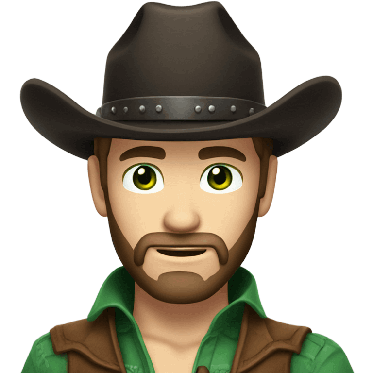 Caucasian male with green eyes, a dark brown beard dressed as a cowboy with short hair, western hat black emoji