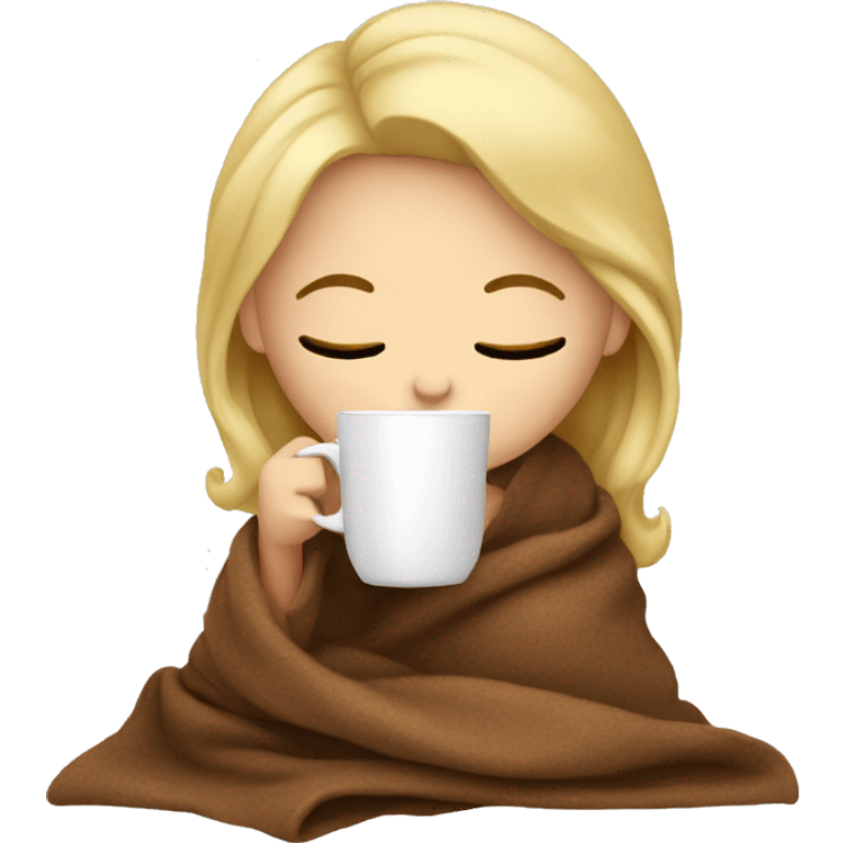 blonde girl sitting in a blanket sipping coffee with eyes closed emoji