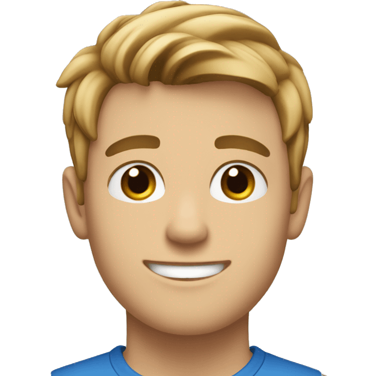 22 year old guy that is happy, has an average haircutwith dark blonde-brownish hair and blue eyes. emoji