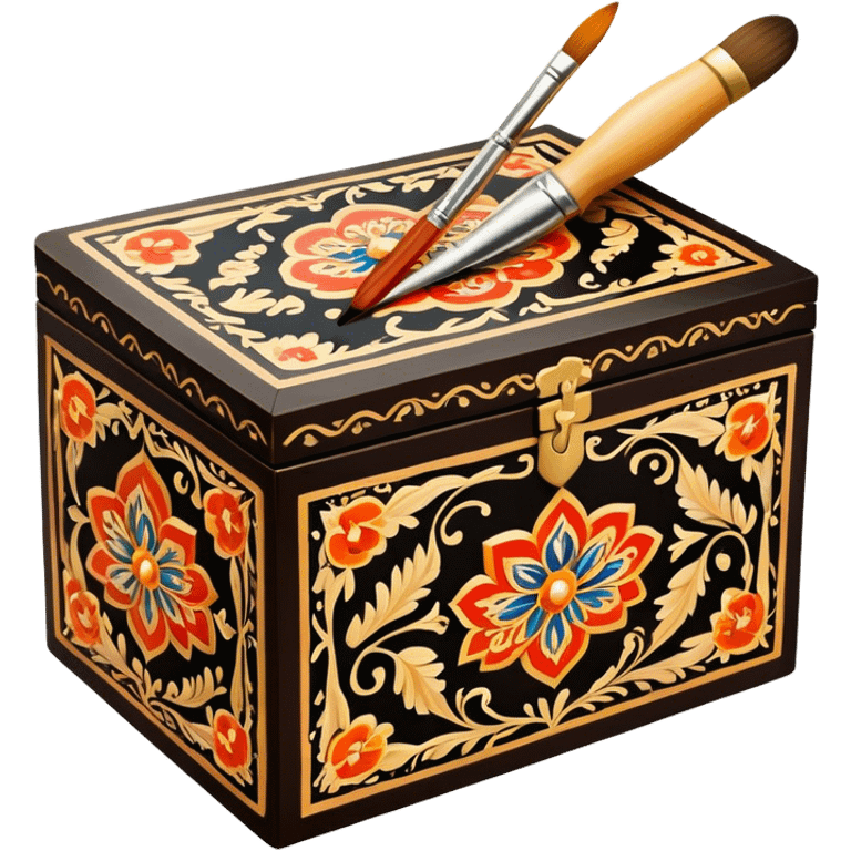 Wooden box painting icon, traditional Palekh or Khokhloma patterns being painted on a wooden box, paintbrush and fine details visible, the box in the process of decoration, visible tools like brushes and paints, minimalistic style, clean lines, transparent background. emoji