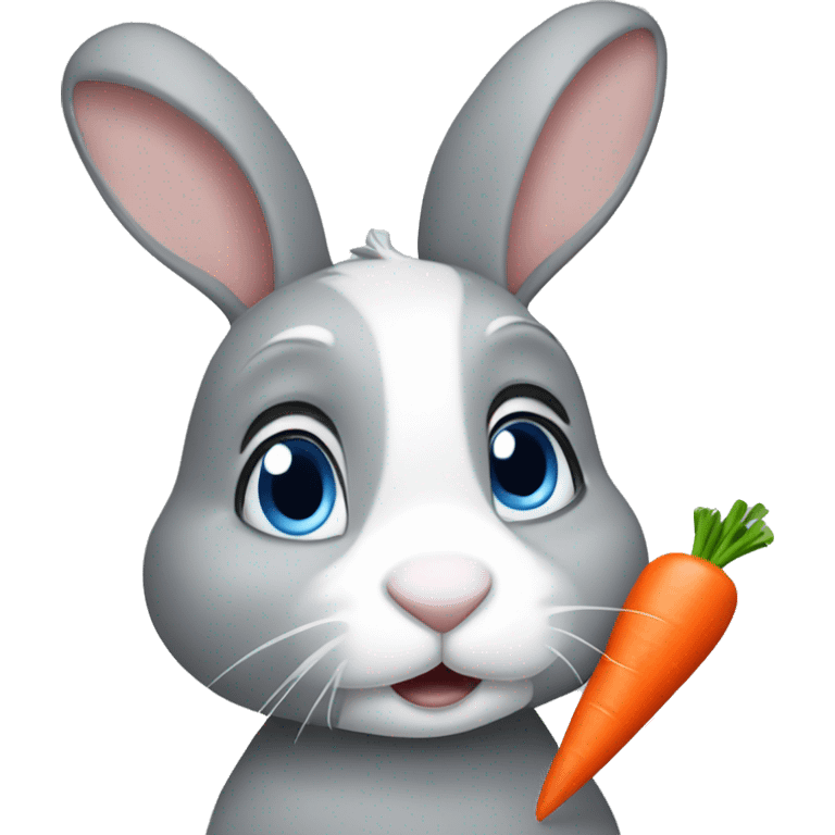 grey bunny with blue eyes and a white nose who is eating a Carrot emoji