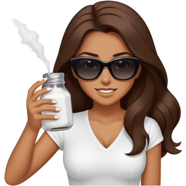 sassy woman with long brown hair, tan skin, and dark sunglasses holding a salt shaker filled with white table salt. She is shaking and sprinkling the salt. She is smirking.  emoji