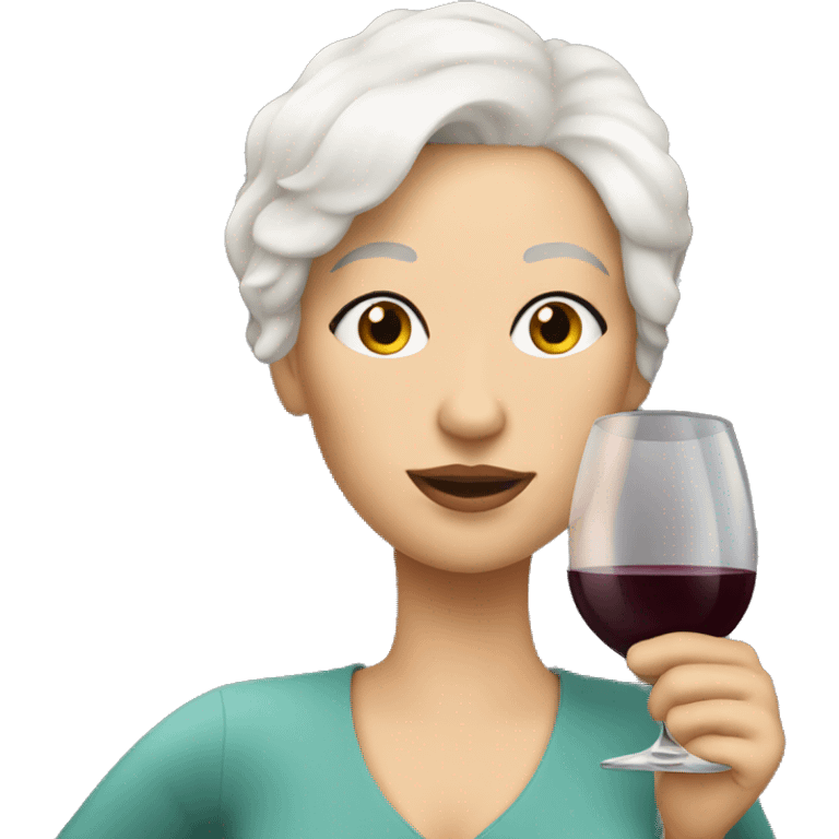 White woman with short white hair drinking wine emoji