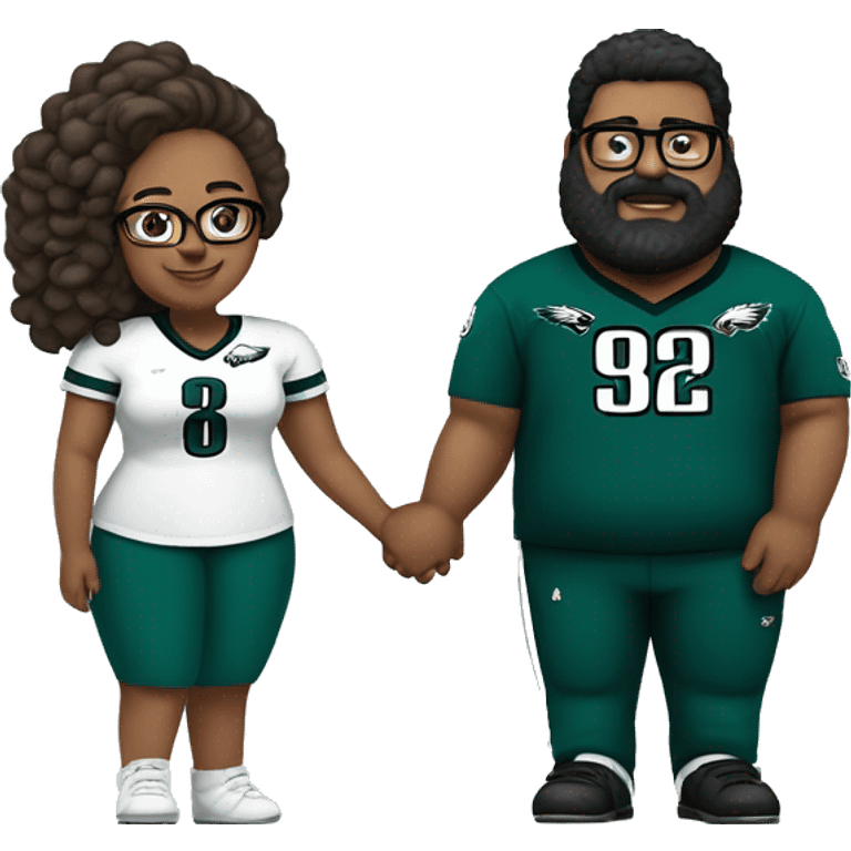 Fat Brown guy with beard mustache and brown girl with glasses and her hair in a bun in Philadelphia eagles clothes holding hands emoji