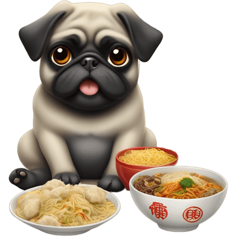 Black pug eating Chinese food emoji