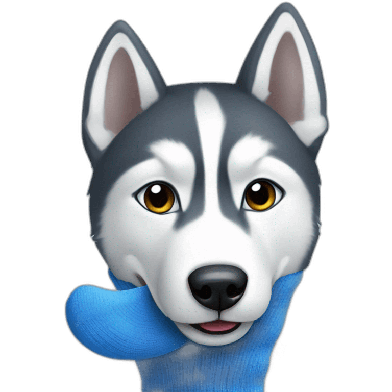 Confused husky biting a blue sock emoji