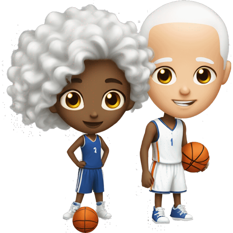 A girl with curly hair playing basketball with a white bald man emoji