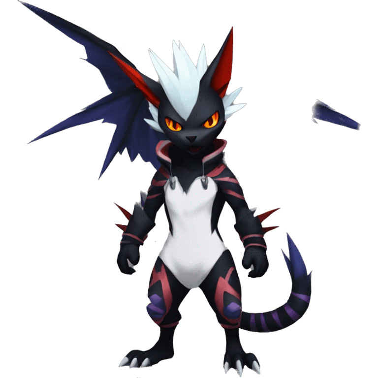 Cool Anthro Black Noivern-Absol-Litten-Pokémon with edgy stripes hoodie spiked collar punk Full Body emoji