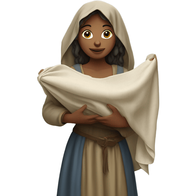 young medieval woman holding a large open cloth emoji