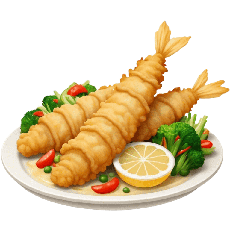 Cinematic Realistic Tempura Dish Emoji, depicted as lightly battered and fried seafood and vegetables rendered with delicate textures and crisp, inviting lighting. emoji