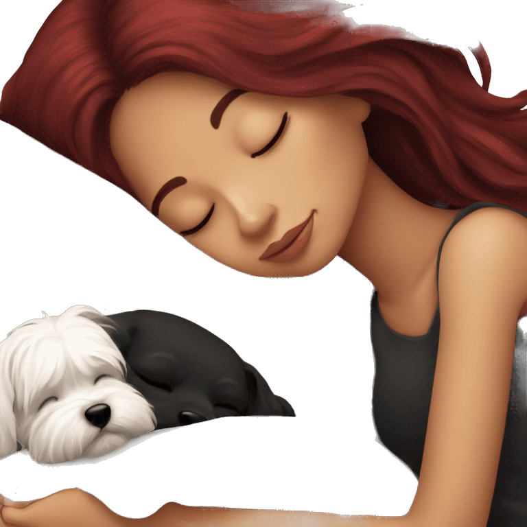 Dark red hair girl sleep with her maltese black dog emoji