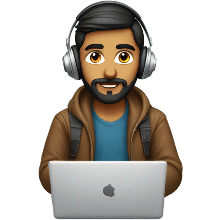 A handsome and intelligent looking indian boy having beard . Having the headphones on coding in hist laptop emoji