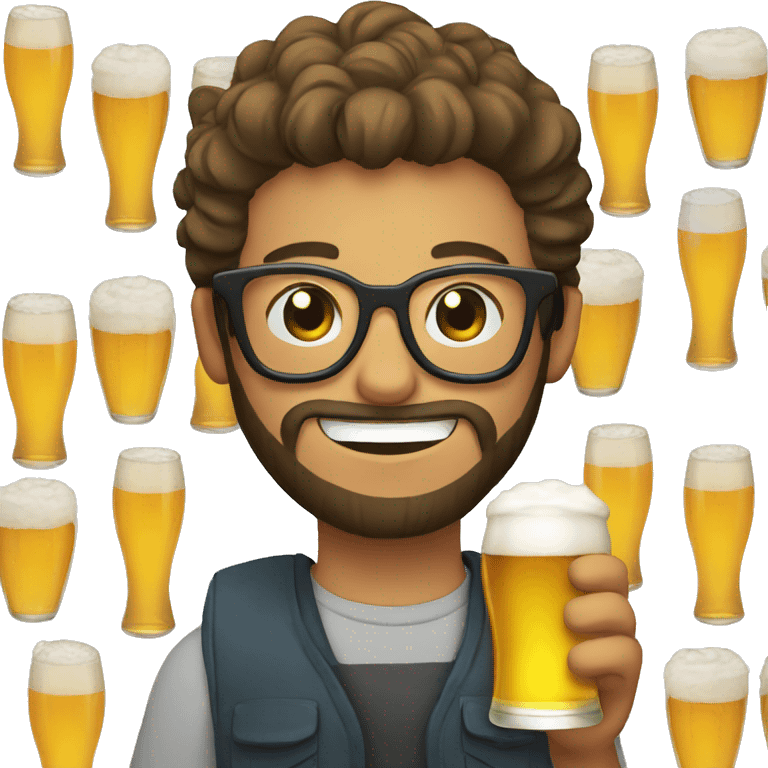 Young man with a beard and glasses holding a beer emoji