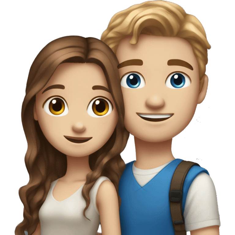 Realistic white girl with long brown hair and white boy with brown hair and blue eyes hugging  emoji