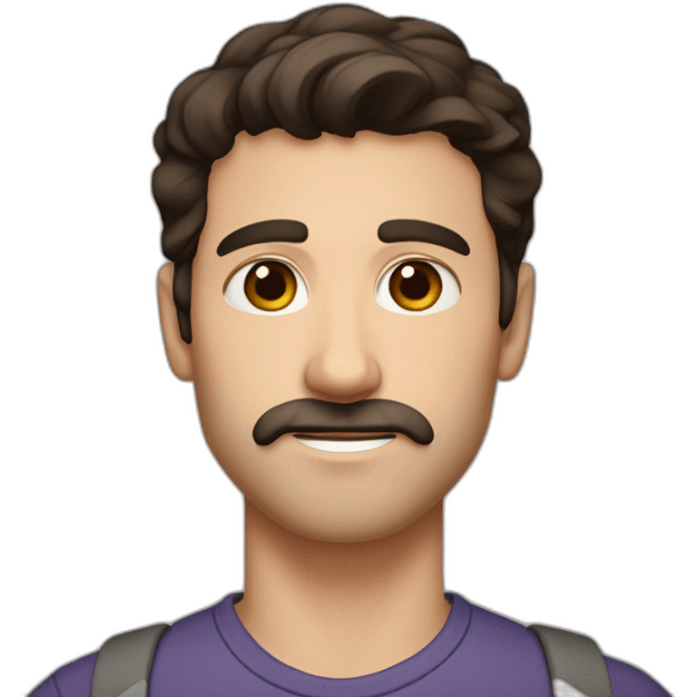 A young Caucasian man with dark brown eyes, almond-shaped eyes, short dark brown hair, and a small dark brown beard with a more prominent mustache. emoji