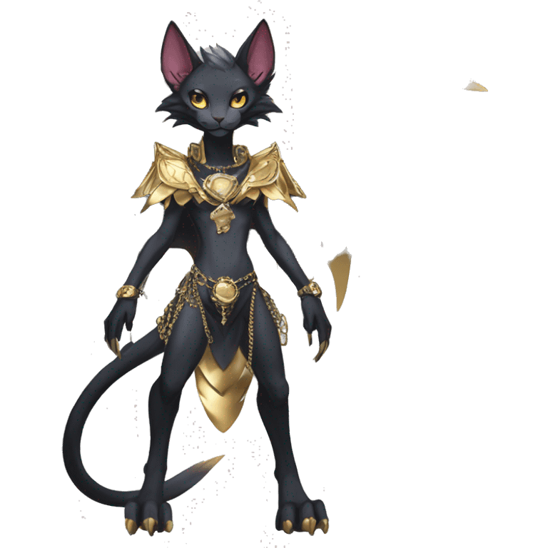 cool anthro punk kawaii edgy distinguished pretty elegant beautiful fantasy black ethereal nargacuga-Noivern-sphynx-Quiana-Fakemon collar harness gold chains necklace full body emoji