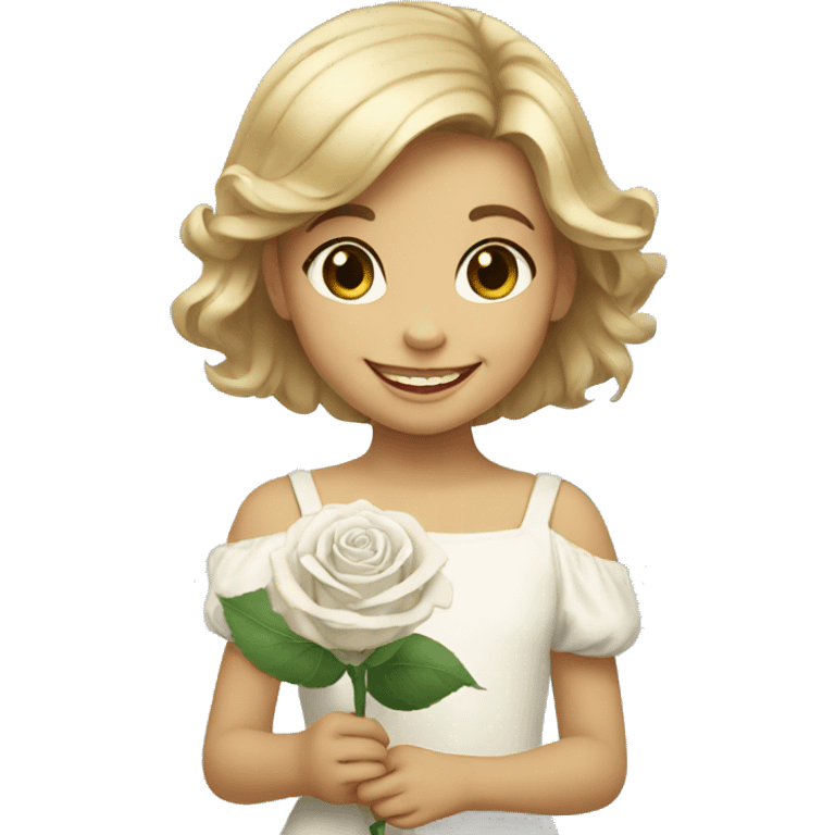 little girl holds white rose and smiles emoji