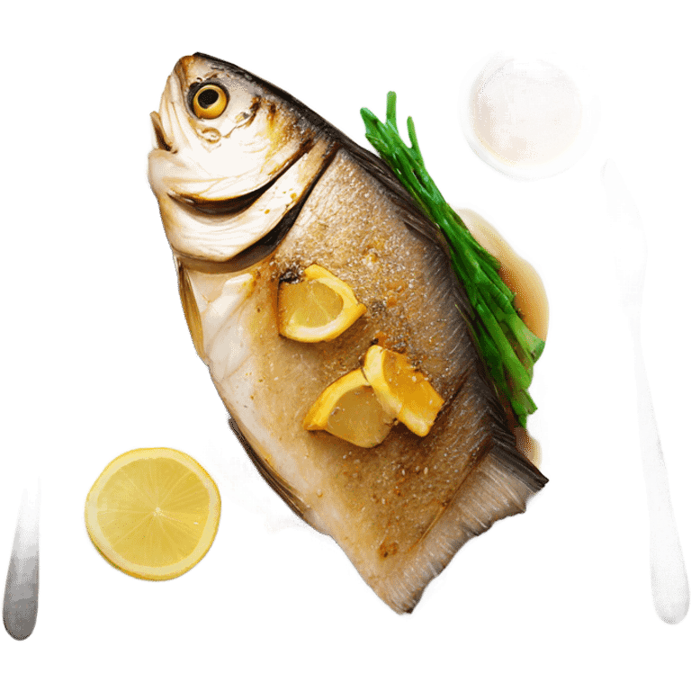 grilled fish small 3 fillet with brown butter sauce on white plate emoji