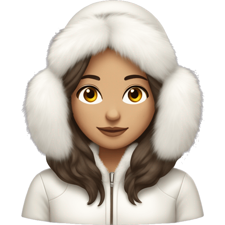 brunette girl with long hair with a light olive skin color and brownish eyes wearing fluffy white ear muffs and a white fur coat  emoji