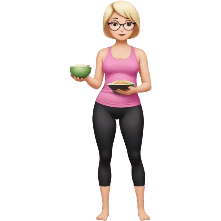 Full body view from the side, fair skinned woman, curvy, short blond hair, small reading glasses, cooking dinner in kitchen, pink loose tank top, showing natural B cup breast shape SFW, black yoga pants, large curvy booty emoji