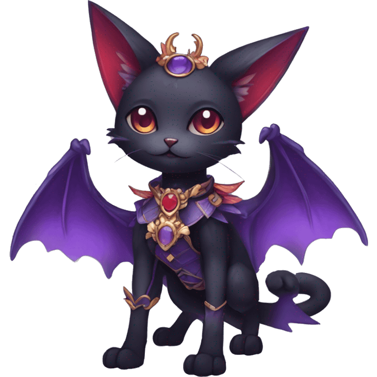 cool kawaii edgy black purple red ethereal fantasy beautiful elegant nargacuga-bat-cat-Fakemon wearing legs spats a collar harness with jewelries full body emoji