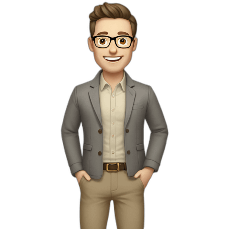 Joyful Pale skinned Fit Man With dark brown hair in gray jacket, beige office shirt, Brown pants and vintage glasses. His thrumbs up emoji