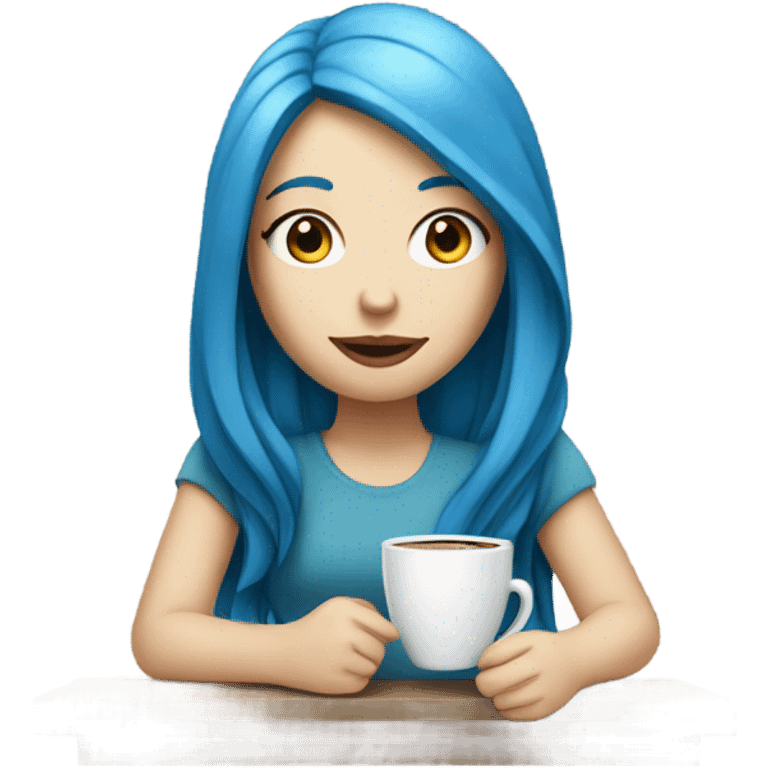 white skin girl with blue long hair drinking coffee emoji