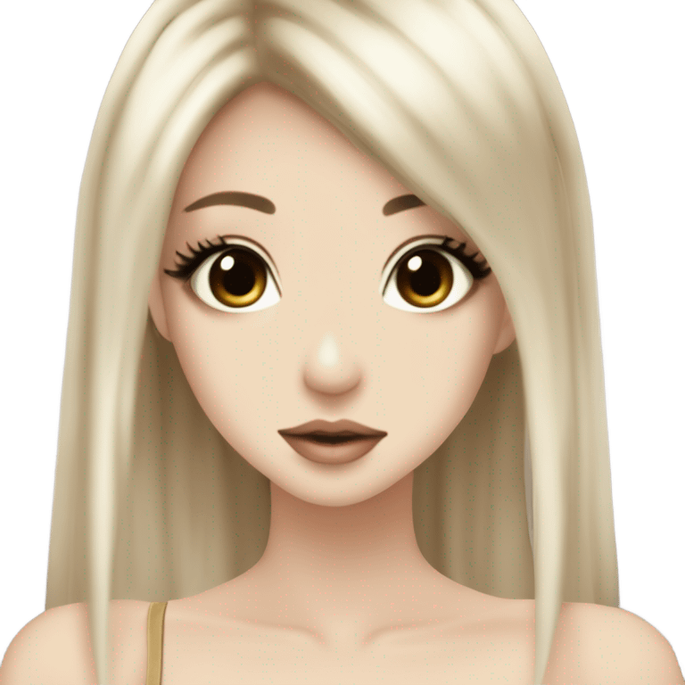 hime gyaru girl with LONG SILKY BLACK HAIR, with beige satin halter top with chest, very pale skin and pretty brown monolid eyes emoji