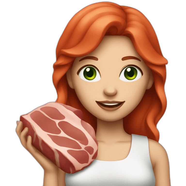 white skin red hair green eyes woman holding meat emoji