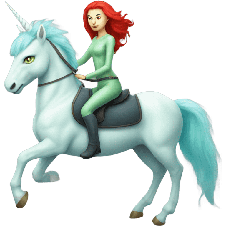 [politically incorrect
	{ woman: alien, color: light green, hair:red, eyes:cat} ]
	on a 
	[{ unicorn: white, legged:four, mane: light blue }] emoji