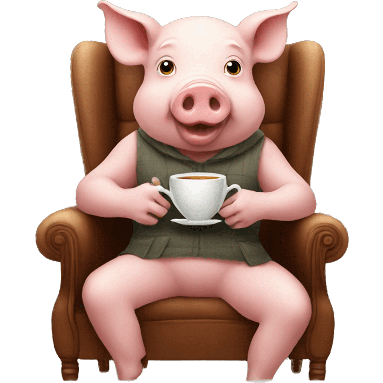 pig drinking tea looking at camera sitting in a chair emoji