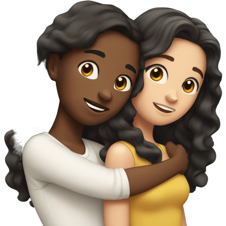 Two white best friends hugging one with wavy black hair and the other with straight brown hair emoji