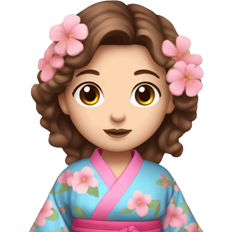 cute girl with BLUE eyes and brown hair in pink flower kimono emoji