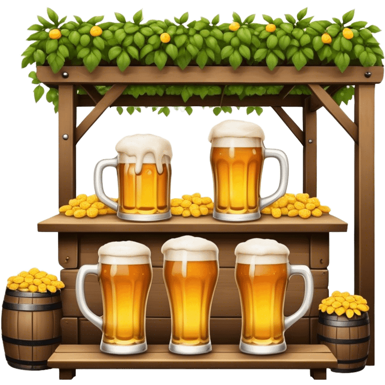 Cinematic Realistic Biergarten Pop Culture Emoji, showcasing a charming outdoor beer garden scene rendered with rustic details and inviting, soft lighting. emoji