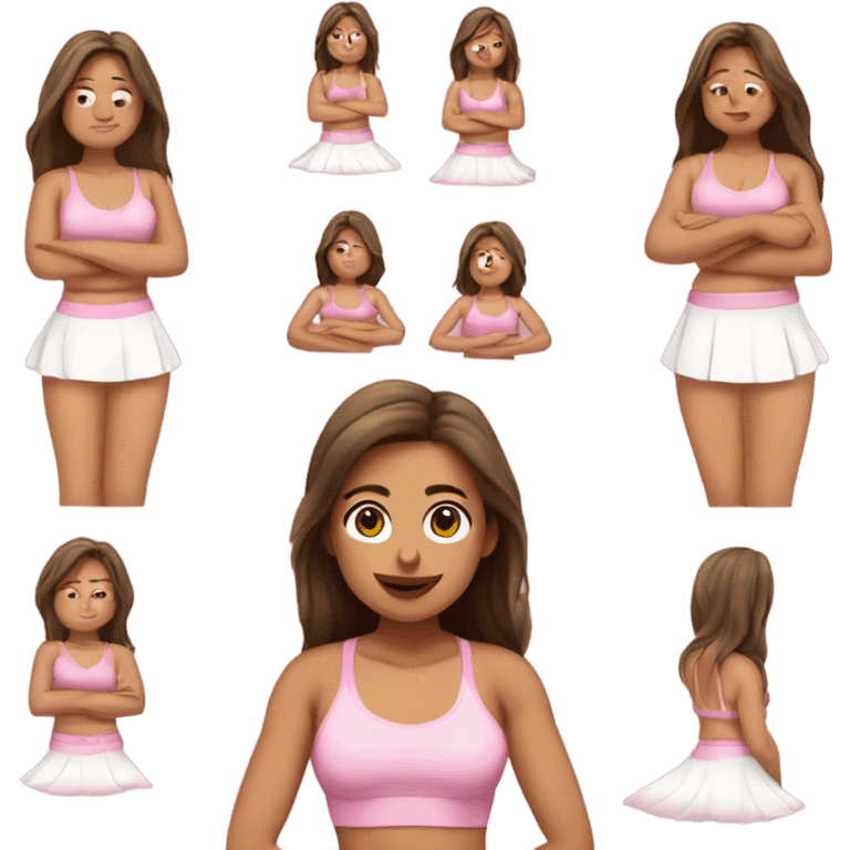 A girl with brown long hair, fair skin and brown eyes is sitting in a lotus position in a pink bra top and short white skirts emoji