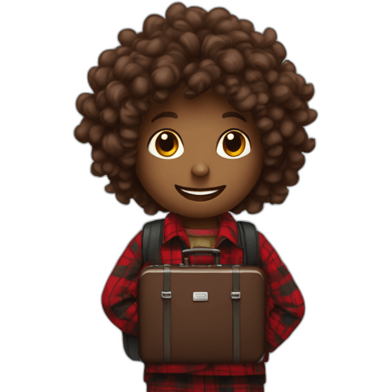 Chocolate colored doodle with wavy hair wearing a red and black flannel handkerchief with a carryon suitcase emoji