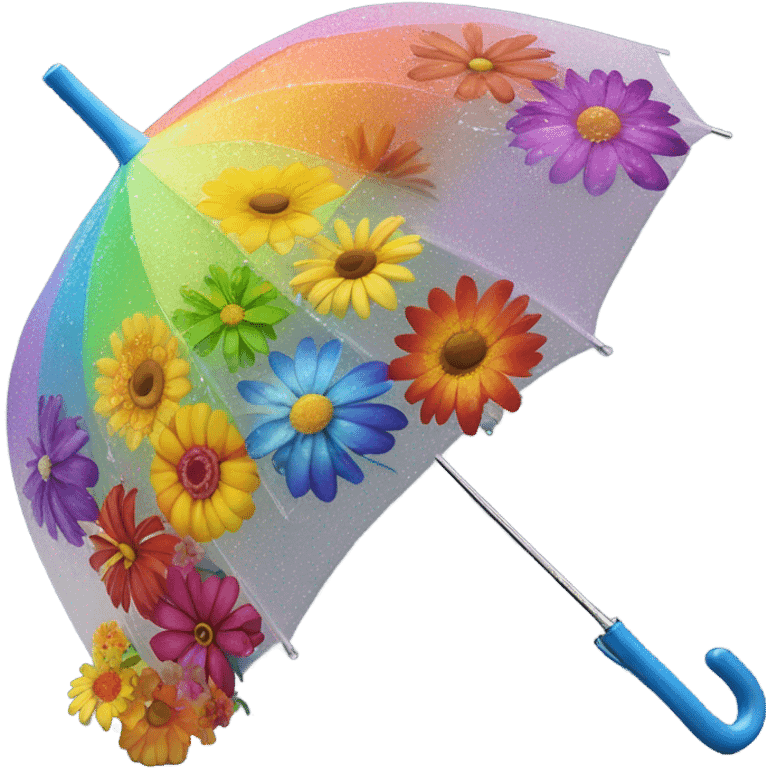 Rainbow umbrella made of flowers with dew drops dripping off and a large handle  emoji