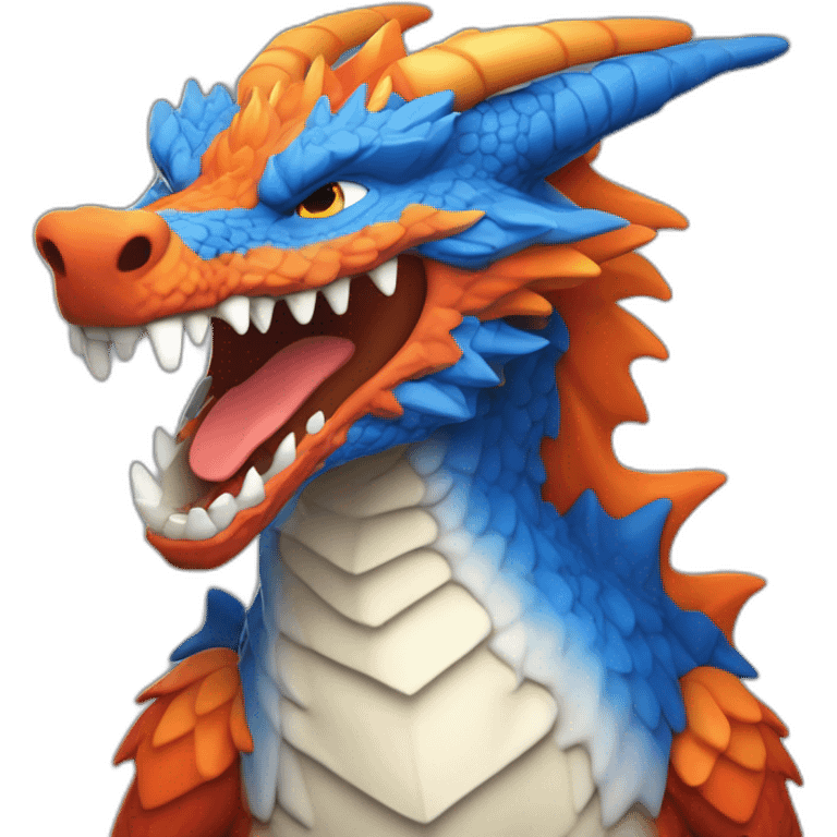 Un dragon mi loup de couleur rouge, bleu, blanc et orange moutardes avec des corne de bélier orange moutard. Il qui crache du feux emoji